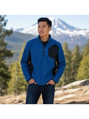 Spyder Men's Large Blue  & Black Pullover Bandit  Half Zip Sweater Waffle Logo